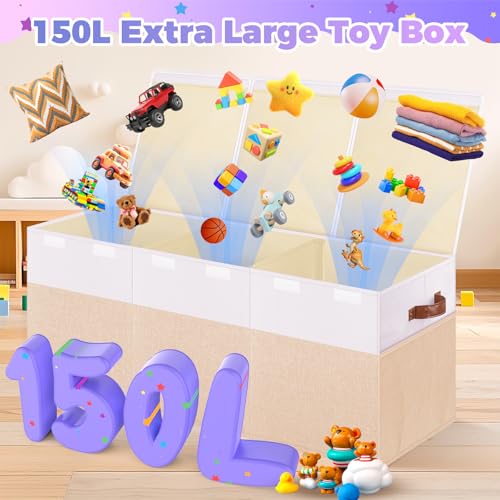 Extra Large Toy Storage Box with Lid, Collapsible Sturdy Toy Chest Storage Organizer Bin Basket with Divider for Kids, Boys, Girls, Closet, Playroom, Bedroom, Nursery, 40"X14"X16", Beige & White - color: Extra Large Beige & White