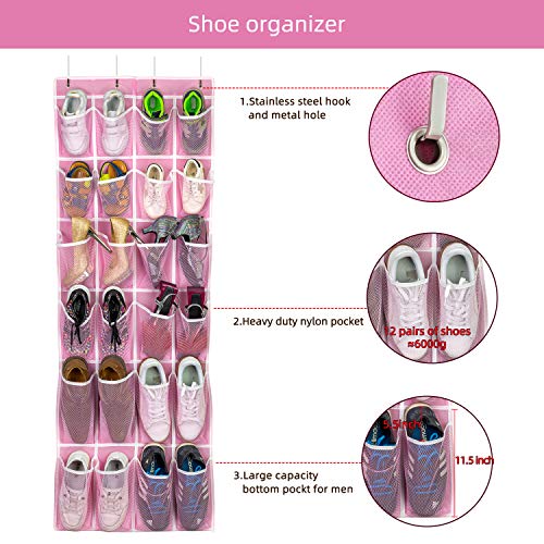 SAVERHO Hanging Shoe Organizer, Over The Door Shoe Organizer with 24 Breathable Mesh Pockets for Men Women Kids Hanging Shoe Storage Rack Organizer Size:58x21 Inch（Pink） - color: Pink-1pack of 24 pocket