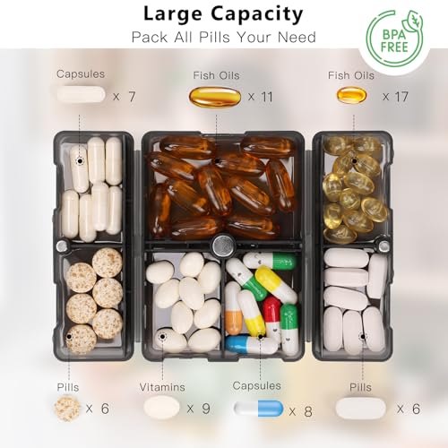 FYY Daily Pill Organizer, 7 Compartments Portable Pill Case Travel Pill Organizer,[Folding Design] Pill Box for Purse Pocket to Hold Vitamins,Cod Liver Oil,Supplements and Medication-Clear Black - color: Clear Black, size: Small (1 Piece)