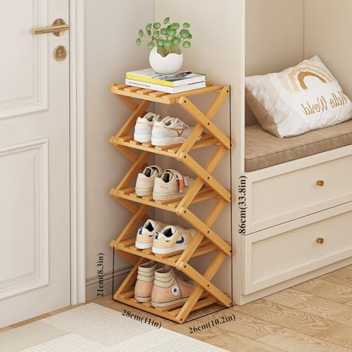 Foldable Shoe Rack, Bamboo Vertical Shoe Organizer Tall for Small Spaces. Multifunctional Narrow Shoe Shelf for Entryway, Closet, Corner, Bedroom, Hallway, Wood Color 5 Layers - color: Wood Color, size: 5 Layers