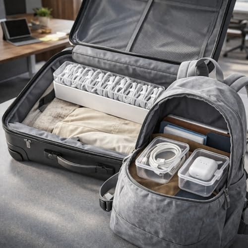 KUGUA 2 Pack Cable Organizer Box Set with 7 and 11 Clear Cases for Charging Cables, Chargers, Earphones and Small Accessories, Includes Cable Ties and Labels for Home, Desk and Drawer