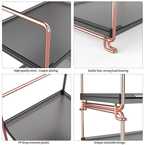 2-Tier Countertop Organizer Cosmetic Storage Rack Vanity Tray Stackable Standing Storage Shelf with Experience Manual(Rose Gold + Black) - color: Black + Rose Gold