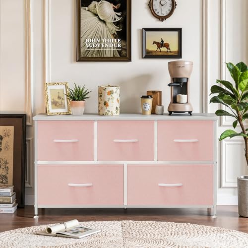 5-Drawer Dresser for Bedroom, Anti-Tip Wide Storage Organizer Fabric Chest of Drawers TV Stand for 45" TV with Wooden Top and Metal Frame for Closet, Living Room, Hallway, Entryway, Pink - color: Pink, size: 11.8"D x 39.4"W x 20.9"H (5 Drawers)
