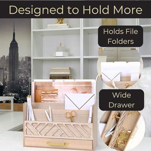 BLU MONACO | Wooden Mail Organizer with Drawer and Gold Handle | Outgoing Mail Holder and Letter Sorter for Desk | Natural Wood Desktop Paper Organizer - color: Natural Wood