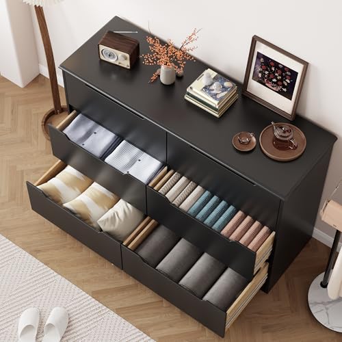 Gizoon 6 Drawer Double Dresser for Bedroom with Anti-Tip Design, Modern Wide Wooden Chest of Drawers with Cut-Out Handles, Closet Storage Organizer and TV Stand for Living Room, Hallway, Entryway - color: Black, size: 15.7"D x 47.3"W x 31.5"H (6 Drawers)
