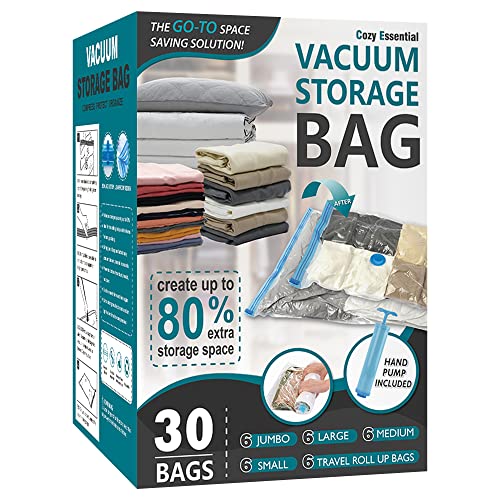 Cozy Essential Vacuum Storage Bags, 80% Compression Vacuum Seal Space Saver Plastic Packaging Bags for Clothes, Blankets, Pillow, Bedding, Comforters, Sealer Clothing Storage,30 Combo - size: Combo