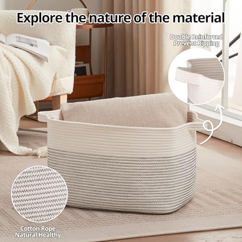 OIAHOMY Large Blanket Basket, 65L Cotton Rope Woven Laundry Basket, Toy Bin for Baby Room, Container for Blanket Storage in Living Room, 20''×16''×12'', Black & White - color: Black & White, size: 65L