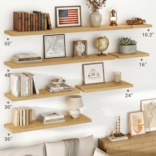 Vivelove 10" Deep Floating Shelves with Invisible Brackets, 55" Wall Shelves for Bathroom Bedroom Kitchen Living Room Laundry Room, Modern Rustic Shelves for Home Decor, 55"x10.2"x1.5", Set of 2, Oak - color: Oak, size: 55”Wx10.2”Dx1.5”H