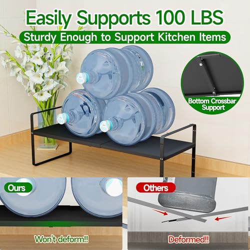 Expandable Cabinet Organizer Shelf, Adjustable Height Organizer Riser for Kitchen Cabinet Spice Rack Locker Pantry Cupboard Under Sink Countertop Desk Organization Metal Stackable Shelves - color: Black-2pack