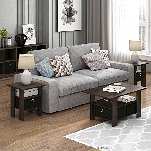 Furinno ANDREY Side Table, End Table, Night Stand with Open Shelves and Storage Bin, Bedside Table, for Living Room, Bedroom, Dark Brown - color: Dark Brown/Black, size: 1-Pack, Center Bin