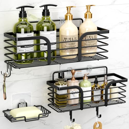Yougai Shower Caddy, Shower Organizer with Soap Holder and Hooks, Rustproof Shower Shelves, No Drilling Bathroom Organizers and Storage, Wall-Mounted Kitchen & Home Decor (Black) - color: Black