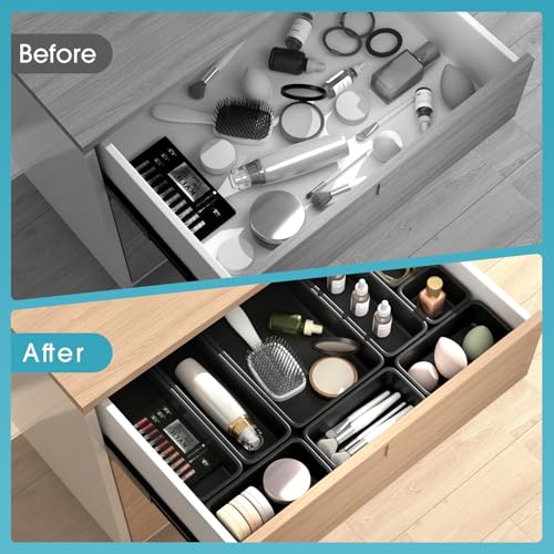 StoreHappily 10 PCS Drawer Organizer Set, 4 Size Makeup Drawer Divider Organizer With Non-Slip Pads, Interlocking Plastic Storage Bins for Office,Jewelry Vanity,Gadgets, Bathroom,Kitchen, Black - color: Black, size: 10Pack