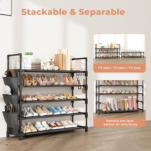 5 Tier Shoe Rack, Shoe Organizer Storage for 20-25 Pair Boot and Sneaker, Stackable Free Standing Shoe Shelf with Hooks and Side Pocket, Space Saving Shoes Rack for Closet, Entryway - color: Black, size: 33.3"W - 5 Tier