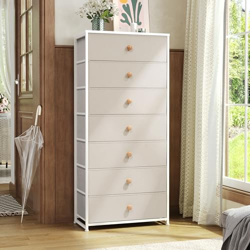 Crestlive Products Tall Dresser, 7-Drawer Wide Fabirc Storage Tower, Chests of Drawers - Vertical Organizer Unit for Bedroom, Hallway, Entryway, Nursery, Wood Top, Closets with Handles (Beige) - color: Beige, style: Wide-7 Drawers
