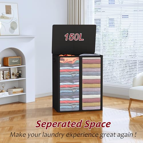 150L Laundry Hamper 2 Section, Large Laundry Hamper with Lid, Dirty Clothes Hamper with 2 Removable Inner Bags, Collapsible Laundry Basket Organizer for for Clothes Toys Towels, Hamper 2 Compartment - color: Black, size: 150L