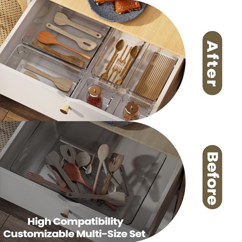 21 PCS Clear Plastic Drawer Organizer Set with 15 Inch Extra Long Bins, 5 Sizes Acrylic Makeup Organizer and Storage Trays, Non Slip Dividers for Vanity, Kitchen and Office - style: 21pcs with 15inches organizer