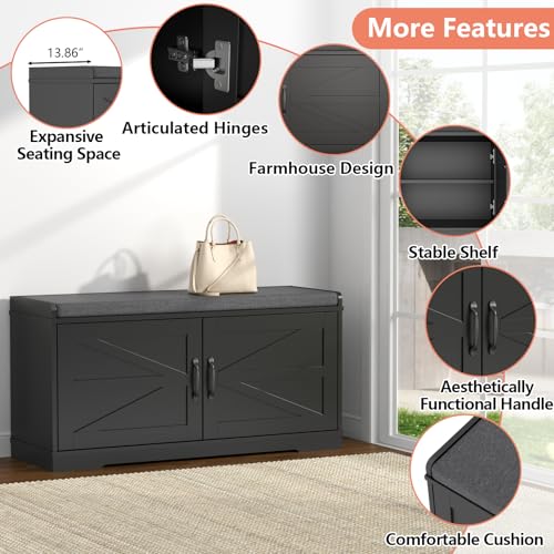 Loomie Shoe Storage Bench, 2-Tier Farmhouse Entryway Bench with Padded Seat Cushion, 13.78" D x 39.37" W x 19.69" H, Slim Shoe Cabinet Bench for Entryway, Living Room, Bedroom (Black) - color: Black