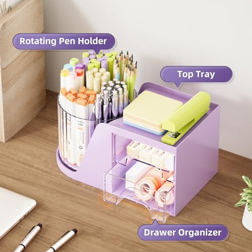 Marbrasse Desk Organizer with 2 Drawer, 360°Rotating Pen Holder, Desk Organizers and Accessories with 6 Slots Pencil Holder + 2 Drawer, Art Supply Storage Box Caddy for Office (Purple) - color: Purple