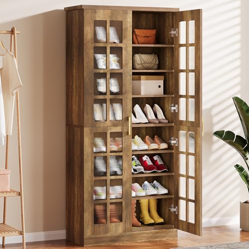 Tribesigns Tall Shoe Cabinet with Doors, 8-Tier Shoe Storage with Adjustable Shelves, Modern Shoe Organizer Shoe Rack Cabinet for Entryway, Hallway, Closet, Living Room, Rustic Brown - color: Rustic Brown