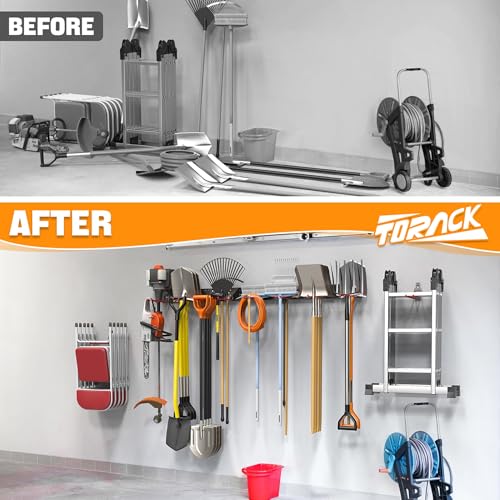 TORACK Garden Tool Organizer Wall Mount, Garage Folding Chair Storage Rack, Tools Rack for Shovels, Rakes, Broom, Ladders, Hooks for Keyhole Style Shelving Unit - style: 4 panels with 10 hooks