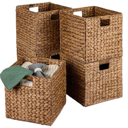 Best Choice Products 12x12in Pack of 5 Cube Storage Baskets, Water Hyacinth Multipurpose Collapsible Organizers, Handwoven Laundry Totes for Laundry, Living Room, Kids Room & Nursery - Chestnut - color: Chestnut, size: 12x12in