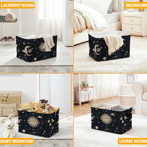 56L Sun Stars Moon Laundry Basket Clothes Hamper with Handles,Foldable Blanket Storage Large Laundry Hamper with Waterproof PE,Toy Storage Bin Organizer,Cube Clothes Organizer,Home Decor - color: Sun Stars Moon