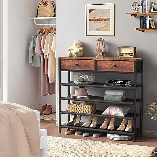 usikey Shoe Rack, 5 Tier Shoe Storage Organizer with 2 Drawers, Metal Shoe Shelf for 16-20 Pairs of Shoes, with 4 Oxford Fabric Shelves and Wooden Top, Shoe Stand for Closet, Rustic Brown UNYXJX009F - color: 5 Tier ( 36.2 X 11 X 36.2 Inches)-rustic Brown