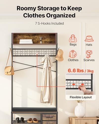 VEVOR Hall Tree with Bench and Shoe Storage, Entryway Bench with Coat Rack, 3 Drawers, 3 Storage Cubbies, 7 Hooks with Soft Cushion for Entryway, Hallway - size: 70.9" * 31.5"