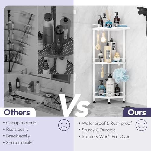 SWTYMIKI Corner Shower Caddy Standing - 3 Tier Stainless Steel Shower Organizer Stand with 4 Hooks & Soap Holder, Rustproof Metal Standing Tall Floor Shower Shelf and Bathroom Organizer, White - color: White-3 tier
