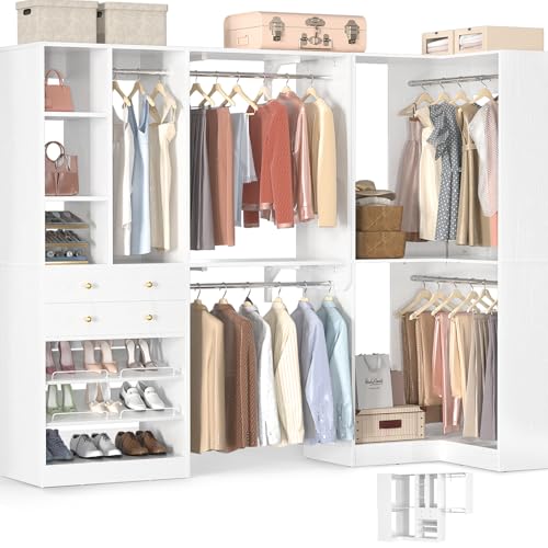 Closet System with 2 Drawers, 5 Hanging Robs, 4 Adjustable Shelves, 90.5"*31.5" Closet Organizer System with Corner Tower, L-shape Walk-in Closet System, Corner Closet System Set of 2, White - color: White, size: 90.5" * 31.5"