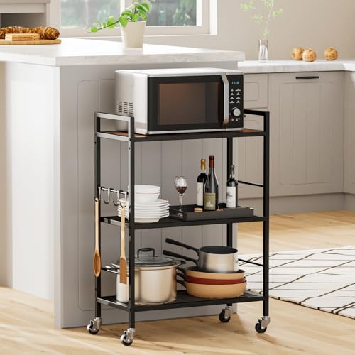 3-Tier Metal Storage Rack with Industrial Wheels,Mesh Shelving Unit with Wooden Table top,Adjustable Shelf,23.6-Inch Width,for Kitchen,Laundry,Pantry,Plant,Black - color: Brown Panel, size: 3 Tier (23.6"W x 11.8"D)