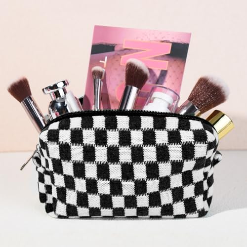 SOIDRAM 2 Pack Checkered Makeup Bag for Women, Cute Makeup Pouch Small Makeup Bag Travel Cosmetic Organizer for Toiletries, Brushes & Skincare - color: Black, size: 2 Pack