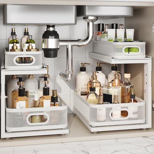 2 Pack Under Sink Organizer With Next-Gen Ball-Bearing Slides,2-Tier Precision Mesh Pull Out Cabinet Drawers Storage for Bathroom&Kitchen,Height Adjustable Shelf,Rust-resistant-Patent Pending - color: White, size: 2 Pack-15.5"Dx12.4"-16.5"H