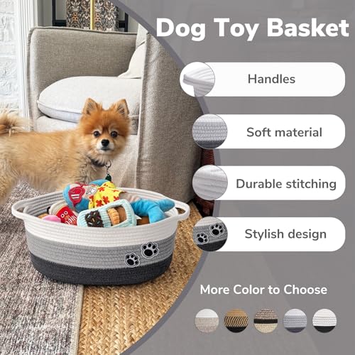 Dog Toy Basket Gift Basket Empty, Woven Storage Baskets for Towels, Cute Dog Storage Bins with Handles, Small Cotton Rope Baskets for Shelf, 13.6"x 10" x 6", Mixed-Gray - color: Grey, size: 13.6"L x 10"W x 6"H