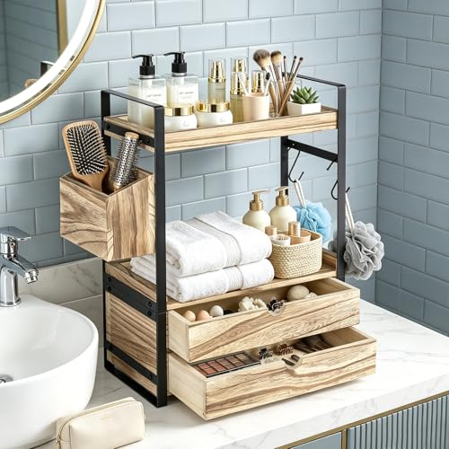 2-Tier Bathroom Counter Organizer with 2 Drawers, Basket and Hooks, Wood Bathroom Organizers and Storage for Countertop, Farmhouse Bathroom Countertop Organizer for Vanity, Kitchen, Coffee Bar, Office - color: Brown With 2 Drawers