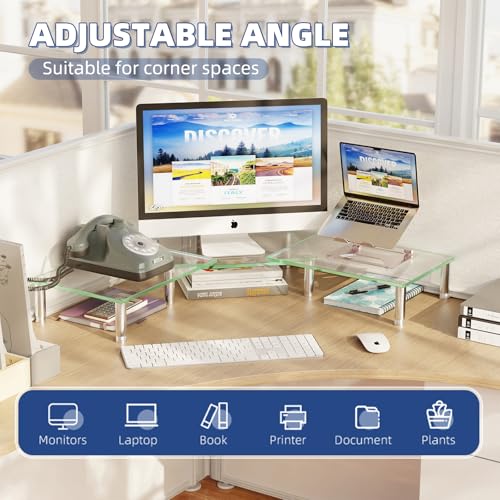 Simple Trending Dual Monitor Stand Riser, Computer Office Desktop Organizer for 2 Monitors with Tempered Glass, Adjustable Length and Angle Stand for Laptop,Printer,TV - size: 41.5 x 9.5 x 5 inches
