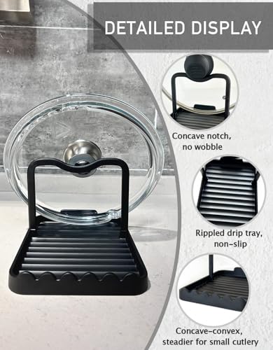 Anti-Rust Metal Spoon Rest with Lid Holder, Heat-Resistant Pot Lid Rest, Multifunctional Spatula Holder While Cooking for Stovetop and Kitchen Counter – Black - color: Black