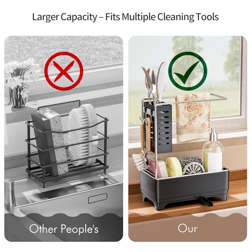 MOUKABAL Sponge Holder for Kitchen Sink, 2-Tier Sink Caddy Organizer with Drain Holes and Hooks, Holds Dishcloth, Sponge & Brushes, Kitchen Countertop Storage for New Home Essentials Black - color: Black 2