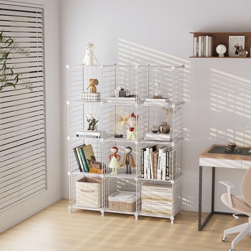 12-Cube Storage Organizer, Metal Wire Cube Shelving Unit, 11.8" L x 11.8" W x 11.8" H, Modular Grid Bookshelf for Closet, Bedroom, Office, White ATTJL12W - color: White