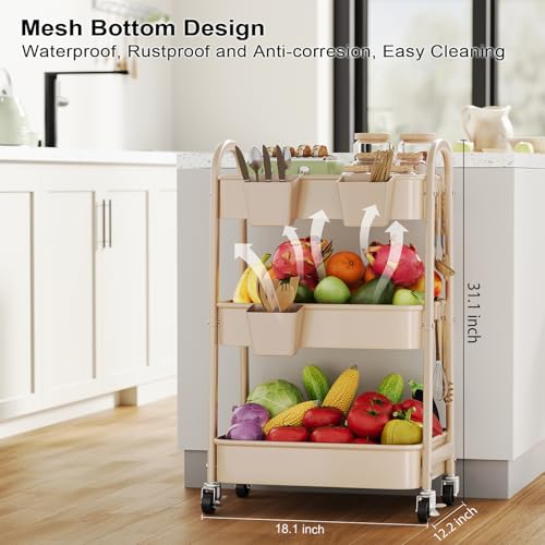 Beige 3 Tier Rolling Cart Metal on Wheels, Three Tiered Storage Organizer Utility Trolley with Wheels for Art, Craft, Baby Diaper Caddy, Snack, Book, Nail, Lash, Cleaning Supplies, Kitchen, Bathroom - color: Light Beige, size: 3 Tier+Cups+Hooks