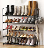 Metal Shoe Organizer,5 Tiers Shoe Storage Shoe Rack with Hooks,Fit 20-25 Pairs,Adjustable Shoe Shelf for Entryway,Hallway,Bedroom,Metal Bottom Support - size: 5 Tier