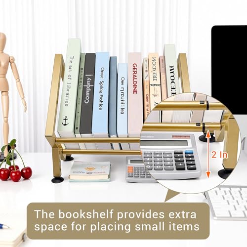 Expandable Desktop Bookshelf Organizer, Small Tabletop Book Storage Rack, Portable Mini Bookcase for Books/CDs/Magazine Display, Desk Shelf for Top of Desk in Living Room, Office, Home Decor (Gold) - color: Gold