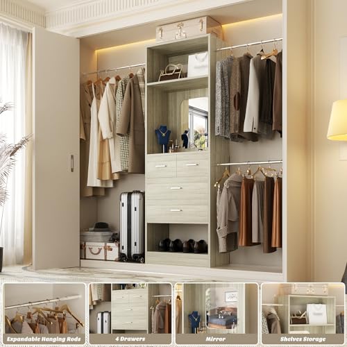 Unikito 8FT Closet System, Customizable 96” Closet Storage Organizer with 25” Tower and 3 Extendable Hanging Rods (Can Be Cut to Fit), Heavy Duty Clothing Racks with 4 Drawers and Shelves, White Oak - color: White Oak