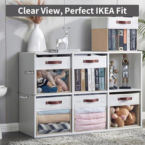 Bagnizer Storage Cubes, 4 Pack Linen Foldable Storage Bins with Clear Window and 2 Handles, 13x15x13 Storage Cube Bins for Shelf Closet, Kallax, Clothes, Books - (Beige and White) - color: Beige / Off-White, size: 13 x 15 x 13