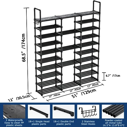 Mavivegue 10 Tiers Shoe Rack Tall Shoe Organizer Shoe Storage 55-65 Pairs Vertical Shoe Shelf Large Shoe Rack Organizer Stackable Shoe Racks for Entryway, Closet, Garage, Bedroom,Cloakroom -Black - color: Black, size: 3 Row 10 Tier