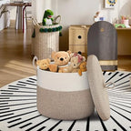 18" X18“ X 14" Large Storage Basket with Lid, Blanket Basket Living Room, Woven Cotton Rope Storage Box, Lidded Kids Dog Toy Bin, Wicker Laundry Basket, Blankets Pillows Organizer Holder - color: Brown/White