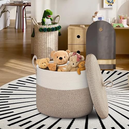 18" X18“ X 14" Large Storage Basket with Lid, Blanket Basket Living Room, Woven Cotton Rope Storage Box, Lidded Kids Dog Toy Bin, Wicker Laundry Basket, Blankets Pillows Organizer Holder - color: Brown/White