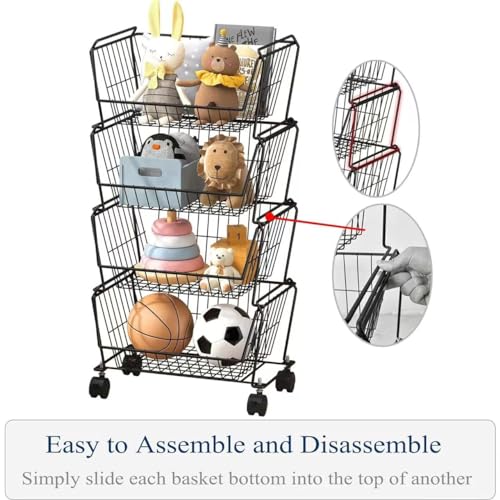 PUSDON 4-Tier Spacious Stackable Wire Storage Baskets with Wheels, Metal Rolling Utility Cart, Produce Basket for Pantry, Bathroom Organizer Shelf, Matte Black - color: Matte Black, size: 4 Tier Standard
