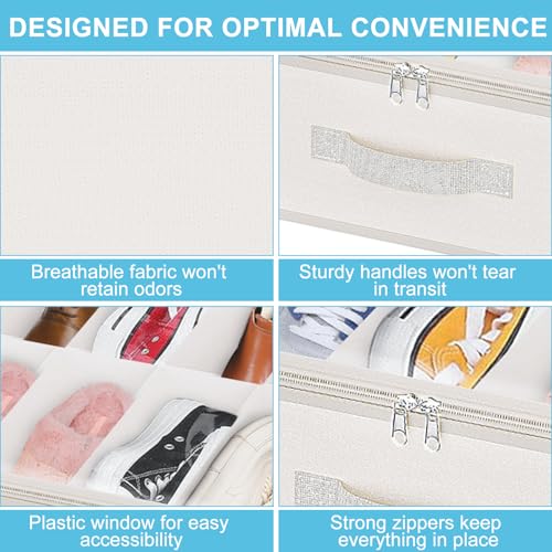 Under Bed Shoe Storage Organizer for Closet, 32 Pairs Sturdy Underbed Shoe Storage Boxes Bins Container Foldable Shoes Storage with Reinforced Handles & Clear Window for College Dorms Beige, Set of 2 - color: Beige