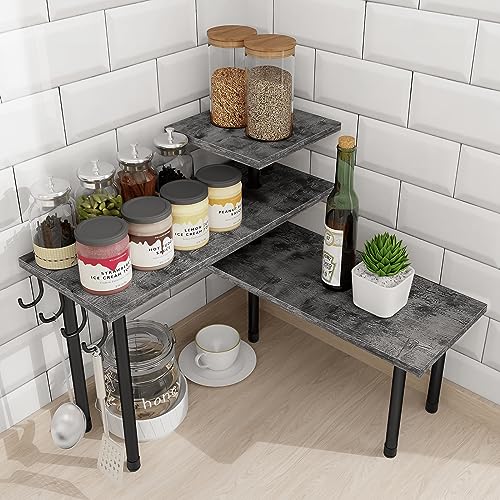 Homode Kitchen Countertop Organizer, 3 Tier Corner Shelf Bathroom Counter Organizer, Wooden Counter Shelf Stand Space Saver, Easy Assembly, Rustic Grey - color: Rustic Grey, With Hooks